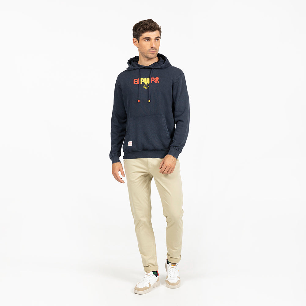 BLUE SWEATSHIRT WITH LETTERING HOOD