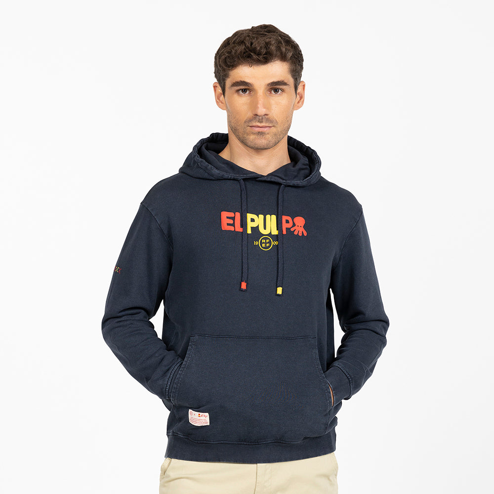 BLUE SWEATSHIRT WITH LETTERING HOOD