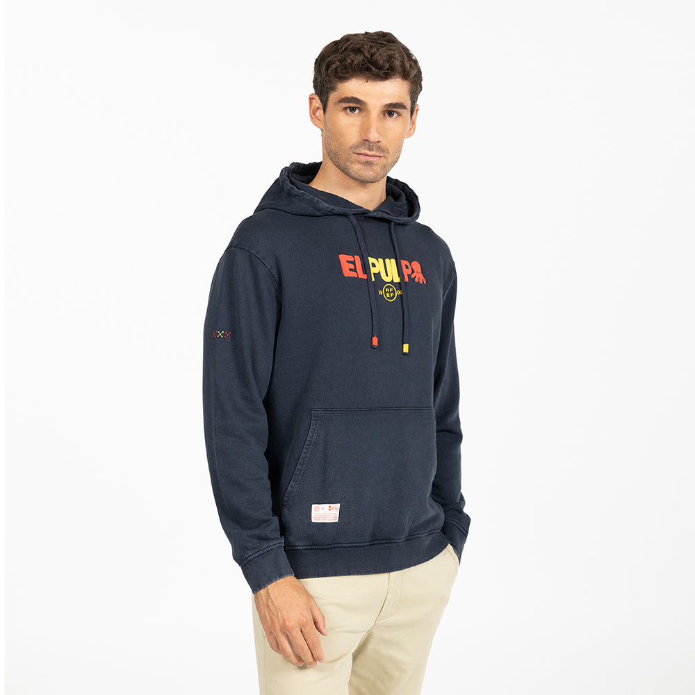 BLUE SWEATSHIRT WITH LETTERING HOOD
