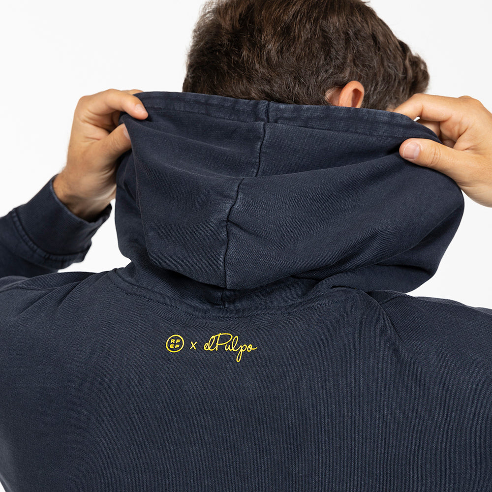 BLUE SWEATSHIRT WITH LETTERING HOOD